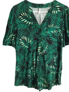 Anyally Blouse Size MED Pullover Short Sleeve Leaf Design V-Neck